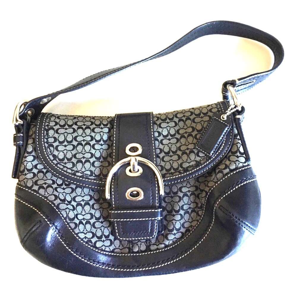 Small black leather and signature canvas purse